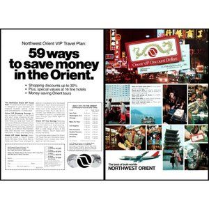 1976 Northwest Orient VIP Travel Plan Vacation 2 Page Vintage Print Ad Wall Art